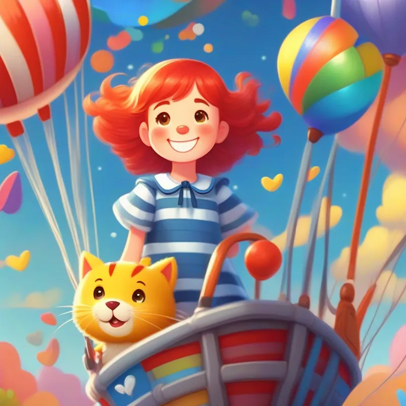 Red-haired girl with blue dress and a big smile., Yellow teddy bear with a friendly expression., and Grey striped cat with sparkling eyes. sailing in a colorful hot air balloon.
