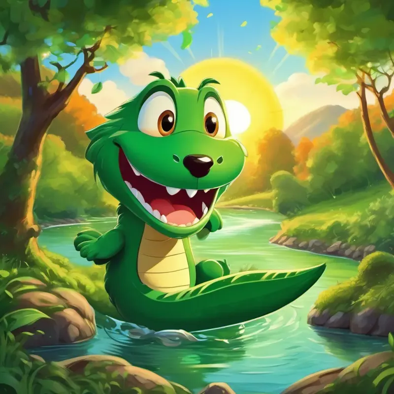 Illustration of Green with round, shining eyes and a big, toothy grin and Brown with a long, curly tail and mischievous, twinkling eyes laughing and jumping near the river, with bright sun and lush green trees in the background.