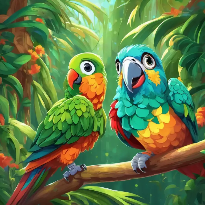 Green with round, shining eyes and a big, toothy grin and Brown with a long, curly tail and mischievous, twinkling eyes looking up at the colorful parrot, with their eyes wide and mouths open in surprise.