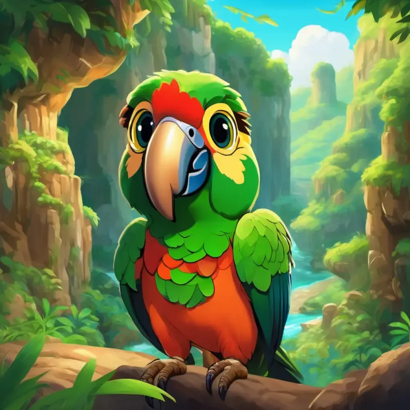 Green with round, shining eyes and a big, toothy grin and Brown with a long, curly tail and mischievous, twinkling eyes standing next to Parrot, eagerly listening to the treasure story, with a cave in the background.