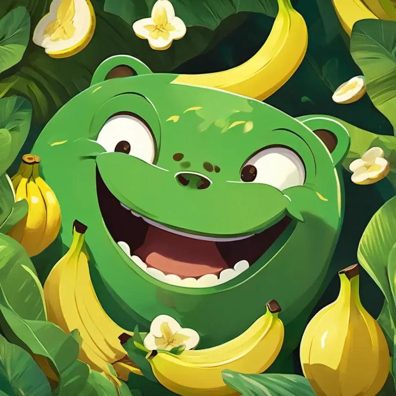 Green with round, shining eyes and a big, toothy grin and Brown with a long, curly tail and mischievous, twinkling eyes holding a box of bananas with big smiles on their faces, surrounded by banana peels and echoes of their laughter bouncing off the cave walls.