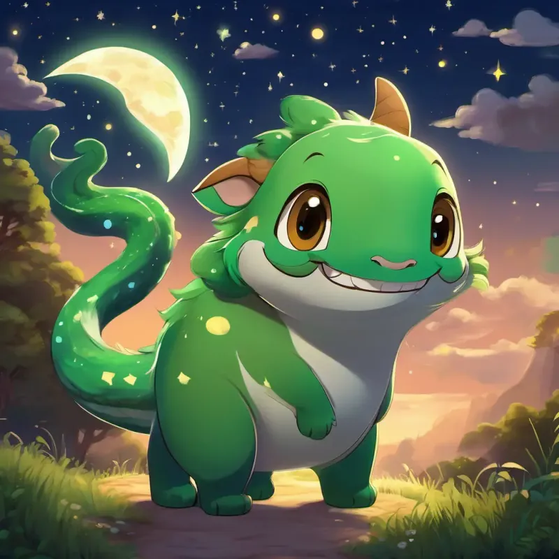 Green with round, shining eyes and a big, toothy grin and Brown with a long, curly tail and mischievous, twinkling eyes walking side by side with full bellies and big grins, under the twinkling stars and a bright, round moon in the sky.