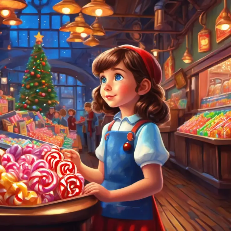 Adorable 8-year-old with a super-sweet tooth, brown hair, and bright blue eyes learns about the closing of the candy factory in her town.