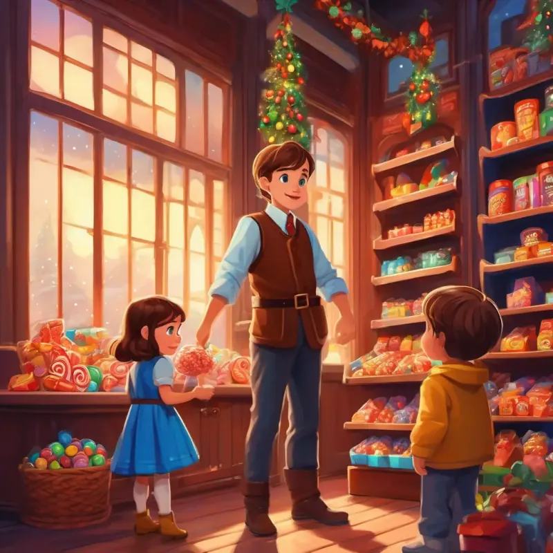 Adorable 8-year-old with a super-sweet tooth, brown hair, and bright blue eyes seeks help from her dad and brother to save the candy factory.