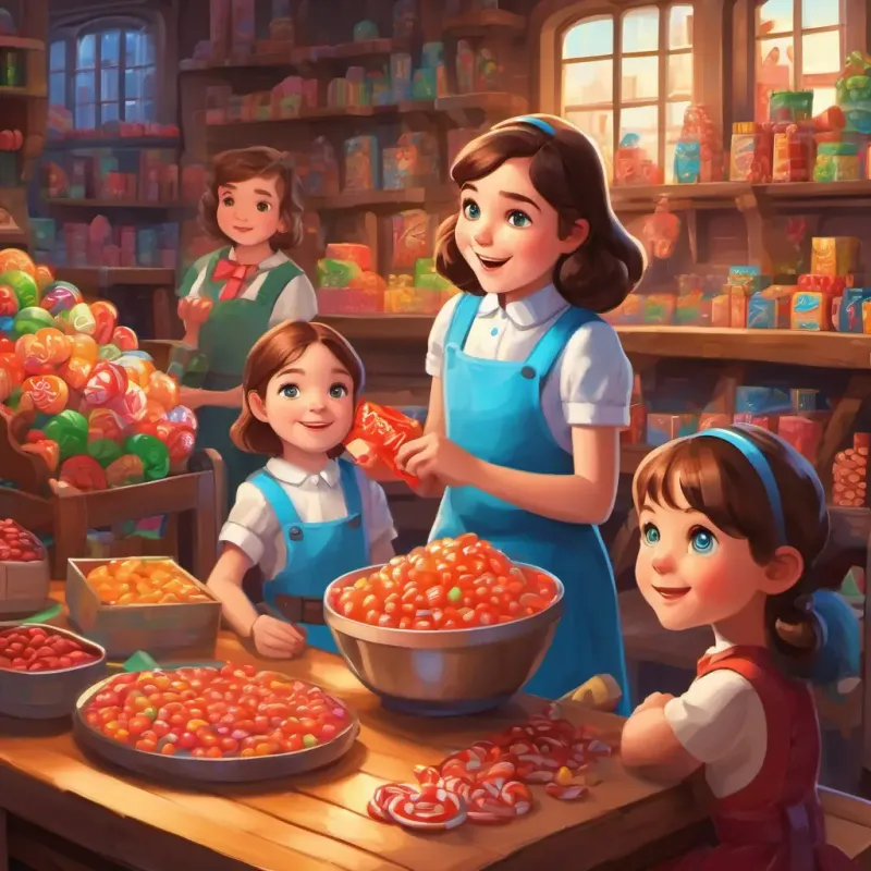Adorable 8-year-old with a super-sweet tooth, brown hair, and bright blue eyes and her team learn important life lessons while saving the candy factory.