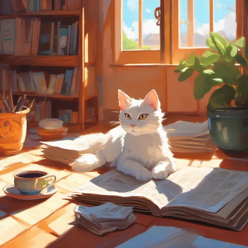 Bright room, curious cat Kiko, crinkled newspaper, fluttering pages, sunlit spot, cozy nap finale