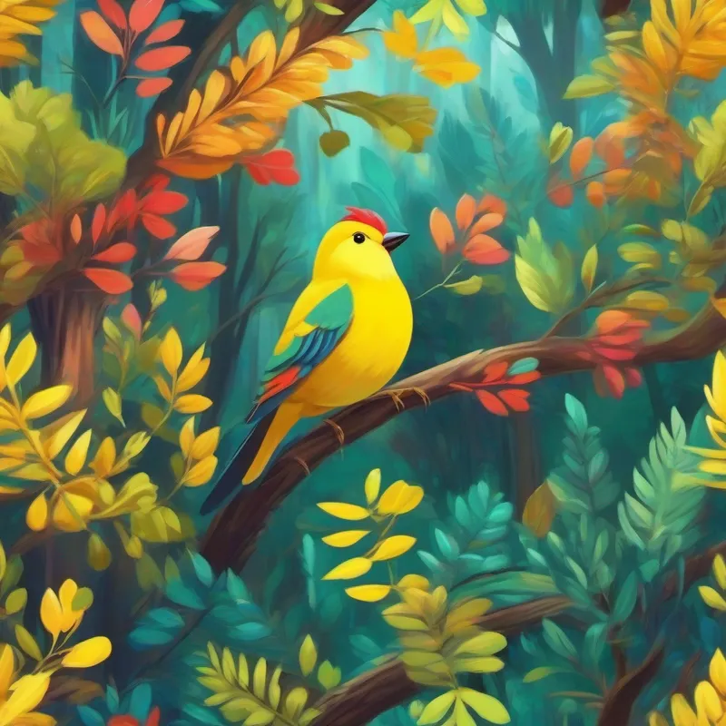 Colorful forest with a happy bird named Yellow bird, happy and kind