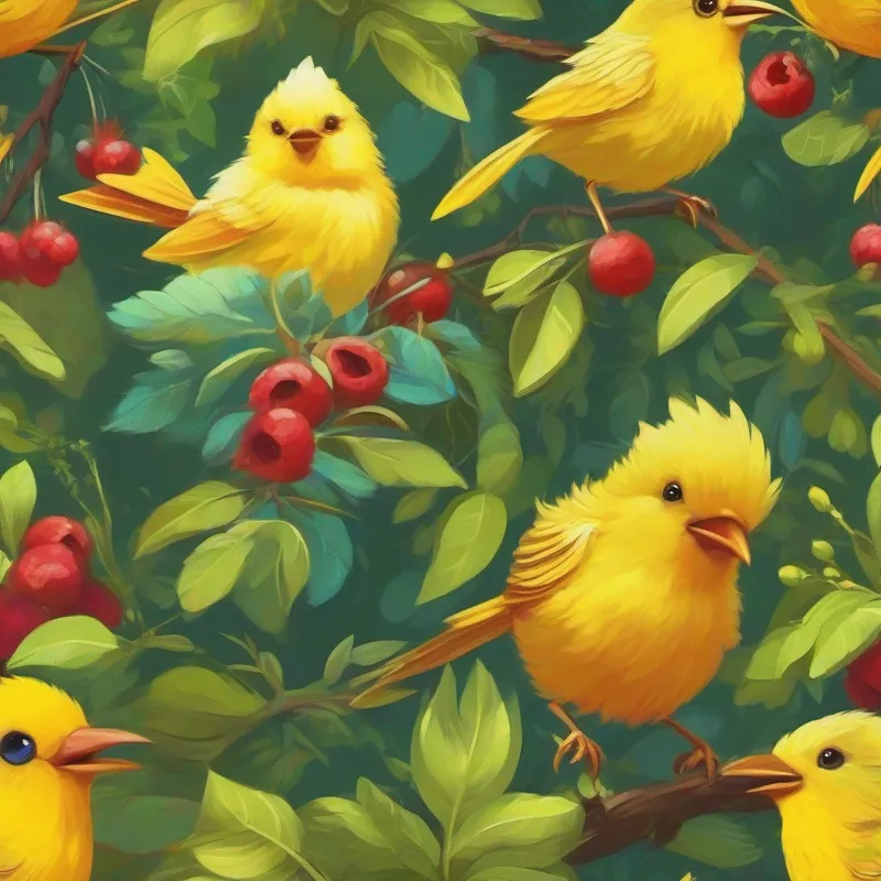 Yellow bird, happy and kind being kind to animals, bringing berries and building nests