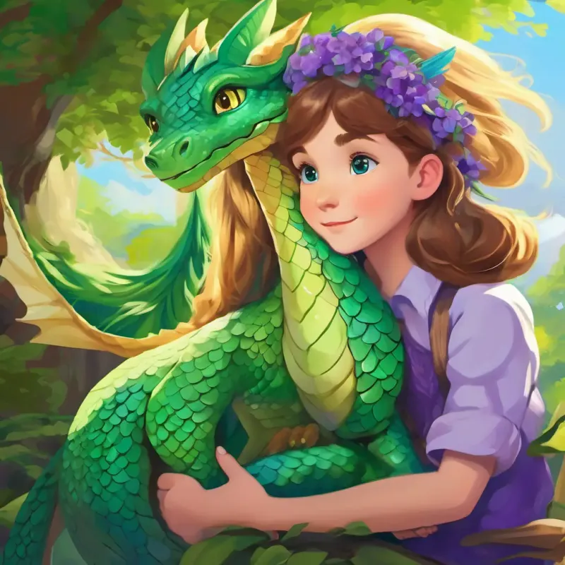 Long golden hair, sky-blue eyes, Short brown hair, big green eyes, and Baby dragon, purple scales, bright green eyes growing older, reminiscing their adventure