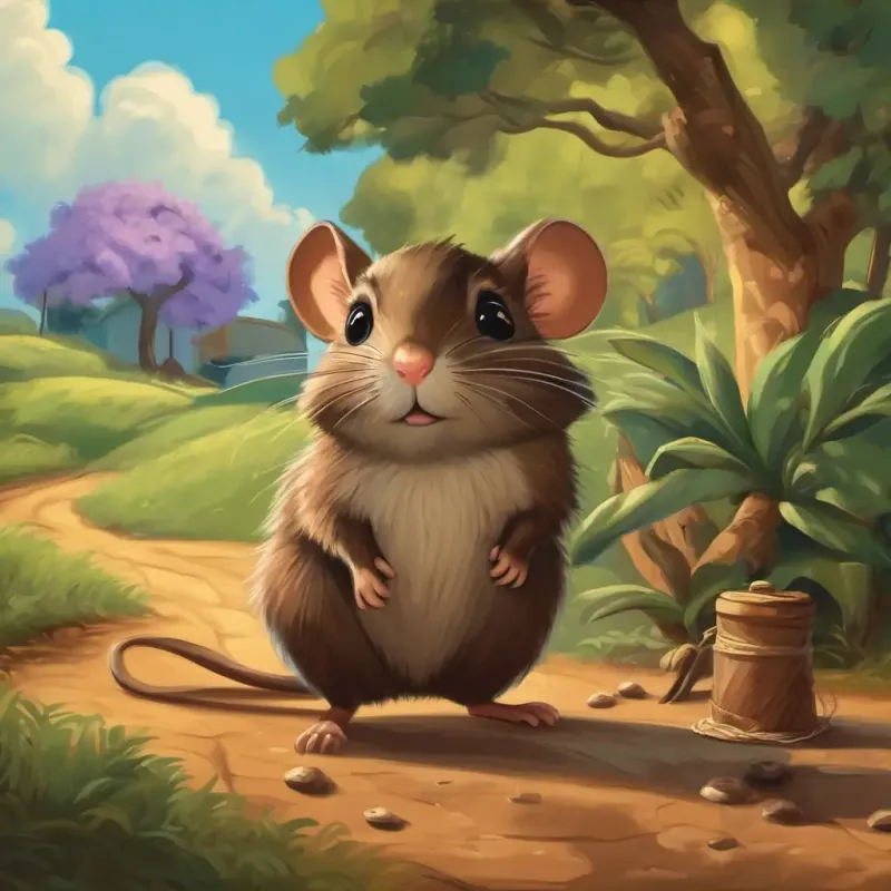 Presentación del ratón Un ratoncito marrón con ojos curiosos y bigotes largos y su hogar bajo un roble.