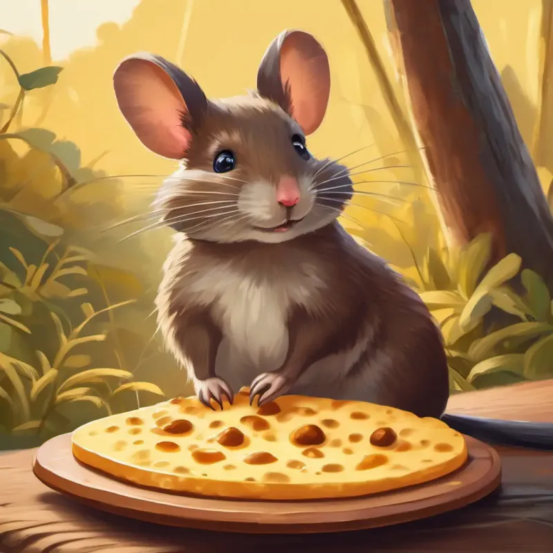 Un ratoncito marrón con ojos curiosos y bigotes largos descubre el queso especial y desea obtenerlo.