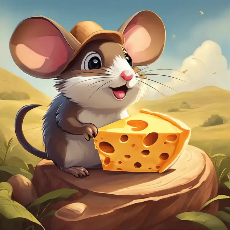 Un ratoncito marrón con ojos curiosos y bigotes largos planea cómo obtener el queso sin ser visto.