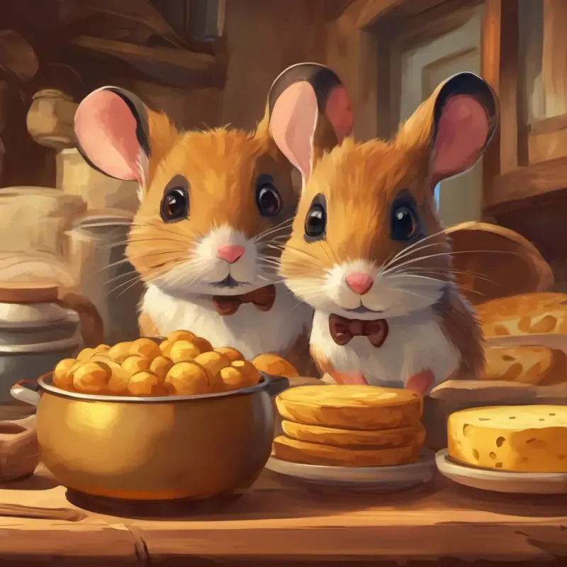 Un ratoncito marrón con ojos curiosos y bigotes largos alcanza el queso pero reflexiona sobre su familia.
