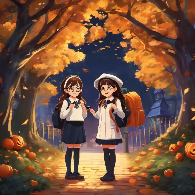 Short girl with glasses, smiling and wearing a school uniform and Tall girl with long dark hair, always excited and wearing a school uniform are standing at the entrance of the enchanted forest, holding their smartphones, wearing school uniforms.