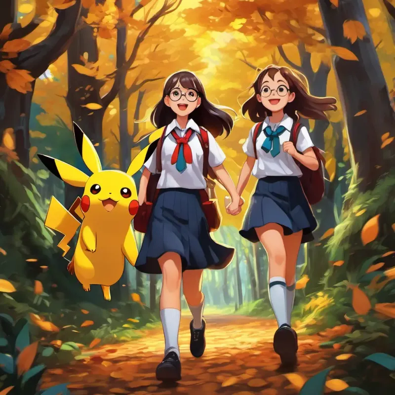 Short girl with glasses, smiling and wearing a school uniform and Tall girl with long dark hair, always excited and wearing a school uniform are chasing Pikachu in the dense forest, surrounded by tall ancient trees.