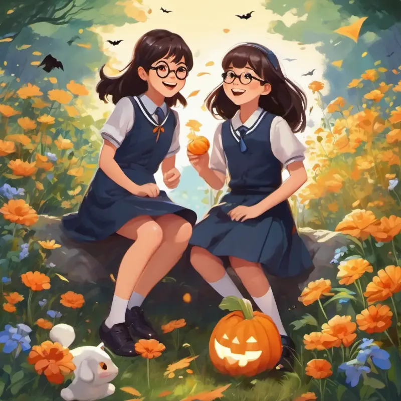 Short girl with glasses, smiling and wearing a school uniform and Tall girl with long dark hair, always excited and wearing a school uniform are sitting on the ground, surrounded by wildflowers, playing with Squirtle, who is splashing water into the air.