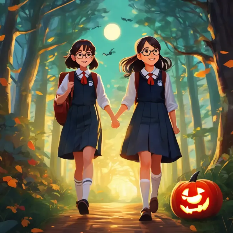 Short girl with glasses, smiling and wearing a school uniform and Tall girl with long dark hair, always excited and wearing a school uniform are walking hand in hand, leaving the enchanted forest with the setting sun shining behind them.