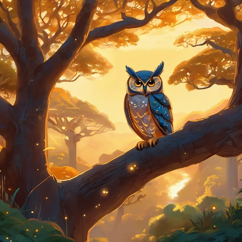 One evening, as the golden sun began to set, Amina found herself sitting under a massive baobab tree near her village. Feeling disheartened, she sighed and gazed up at the twinkling stars above. Suddenly, a soft rustling noise caught her attention, and she looked down to see a small, wise owl perched on a branch. The owl, named Oliver, had been watching Amina struggle for a while and saw the sadness in her eyes. It hooted gently, and Amina's heart skipped a beat. She had never seen an owl so close before! Feeling a glimmer of hope, Amina shyly approached Oliver.