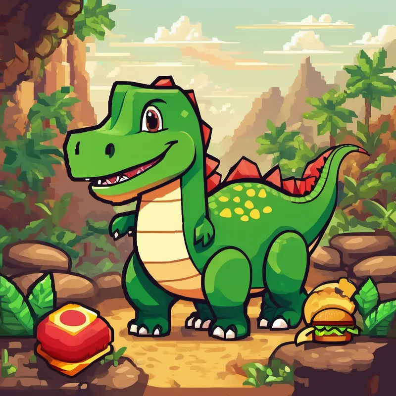 Once upon a time, in a land filled with wonder and imagination, there was a gentle and kind-hearted dinosaur named Dino. Dino was not like any other dinosaur you might imagine, as he had an incredible passion for cooking. His love for food inspired him to dream big and share his delightful creations with others. One sunny day, while strolling through the lush green forests, Dino stumbled upon a magical cave. Inside, he found an ancient treasure chest filled with secret recipes to make extraordinary hamburgers. Dino couldn't contain his excitement and the thought of opening his very own hamburger eatery came alive in his mind.