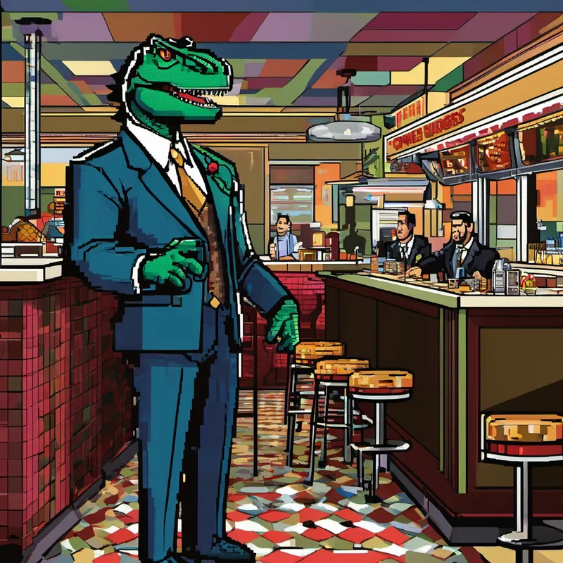 One day, when the diner was bustling with happy customers, a mysterious figure in a pinstriped suit walked in. Dino recognized him as Vinny "The Claw" Cretaceous, the notorious mobster from a nearby volcano. Vinny had heard rumors of Dino's mouthwatering burgers and wanted a piece of the success for himself. Vinny, accompanied by his tough-looking henchmen, approached Dino, sneering menacingly, "Listen here, Dino, these burgers of yours are really somethin'. From now on, I'll be the one in charge of your success. You'll owe me a cut of your earnings, capisce?"