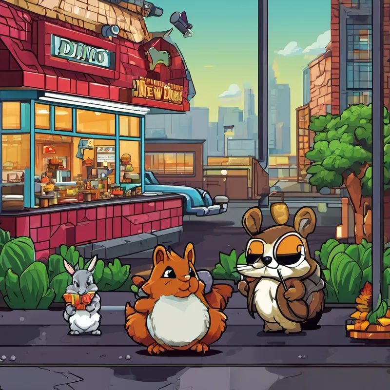As the days went by, Dino's business flourished, and more and more creatures visited Dino's Diner. He remained vigilant, constantly on the lookout for Vinny's goons, who would occasionally come by to intimidate him. Dino realized he couldn't handle this on his own, so he sought the help of his newfound friends - a wise owl, a courageous squirrel, and an artistic rabbit. Together, they devised a plan to keep Vinny and his mobsters at bay.