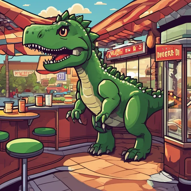 Dino's friends spread the word about Vinny's malevolent scheme among the forest creatures. Animals across the land united against the mob, pledging never to buy burgers from anyone but Dino. They formed a peaceful line in front of Dino's Diner, warding off any troublemakers. Feeling the love and support of the entire community, Dino decided it was time to address Vinny directly. He invited him to the diner and spoke from his heart, "Mr. Cretaceous, the happiness of my customers and the joy my food brings are more valuable to me than anything else. I won't let you take that away from me."
