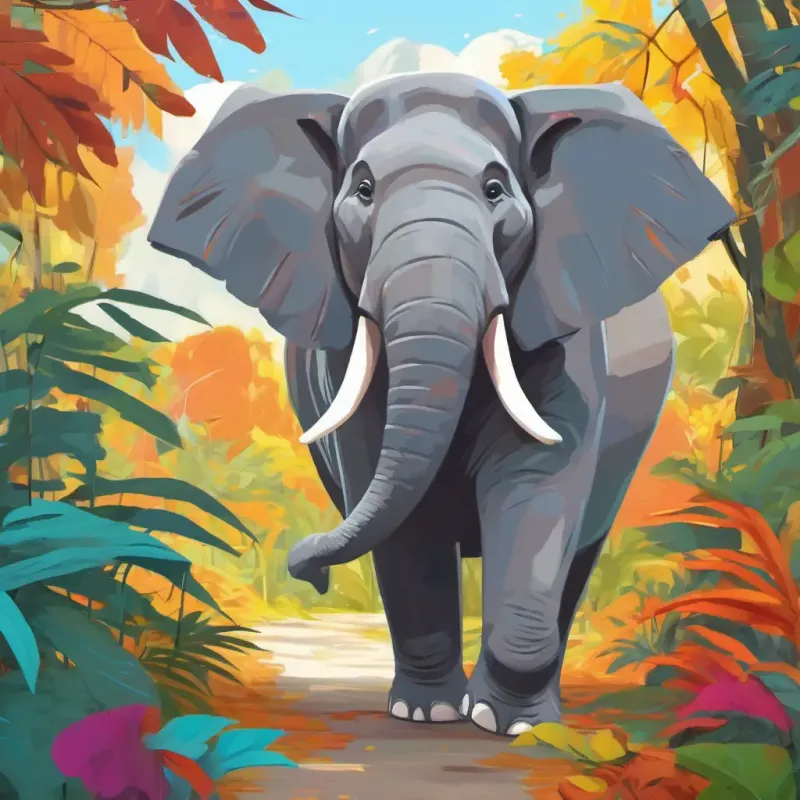 Grey, big elephant with kind eyes Happy in new coat walking in jungle, Smiling man with glasses, colorful clothes, kind face sewing clothes, colorful jungle setting.