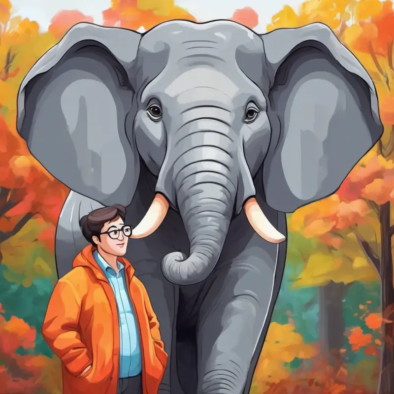 Grey, big elephant with kind eyes Happy in new coat wants new clothes, thinking about getting them from Smiling man with glasses, colorful clothes, kind face.