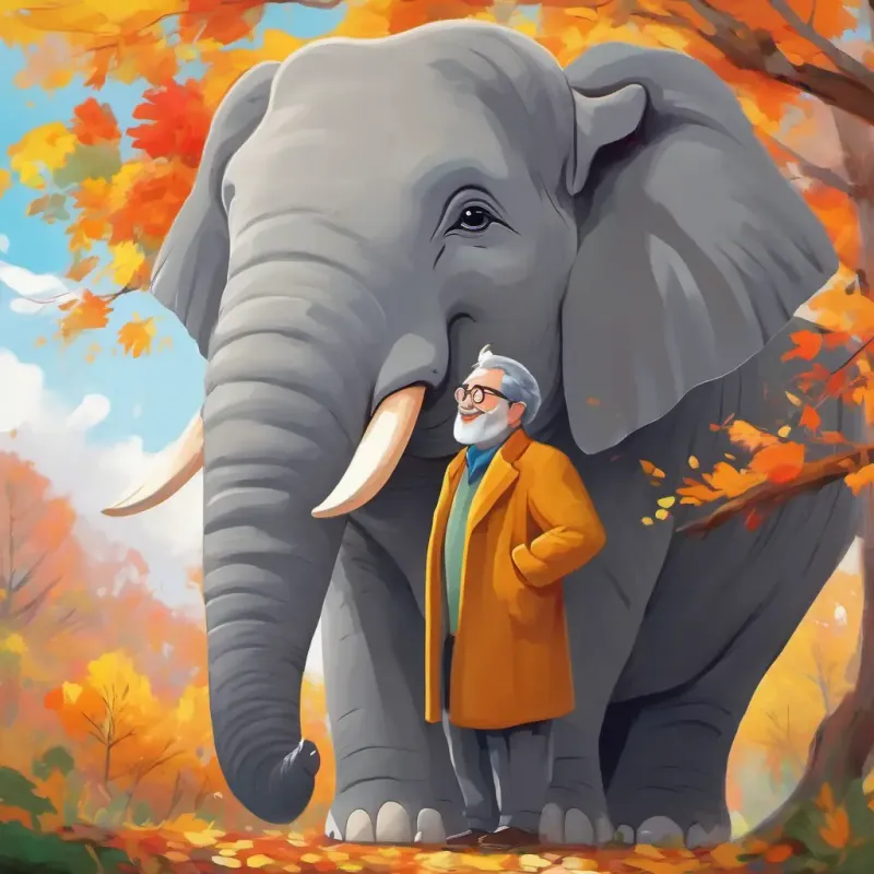 Grey, big elephant with kind eyes Happy in new coat asking Smiling man with glasses, colorful clothes, kind face for a new coat, hopeful expression.