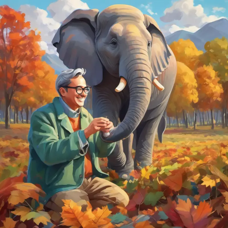 Smiling man with glasses, colorful clothes, kind face choosing fabric, sewing a beautiful coat for Grey, big elephant with kind eyes Happy in new coat, joyful expression.