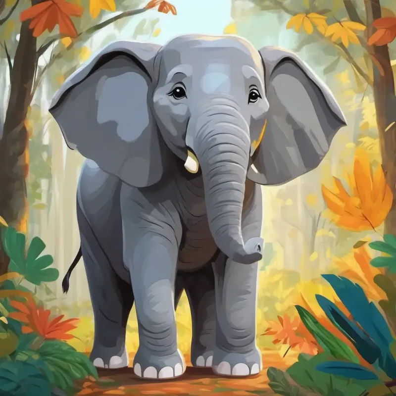 Grey, big elephant with kind eyes Happy in new coat wearing new coat, happy in jungle, other animals praising him.