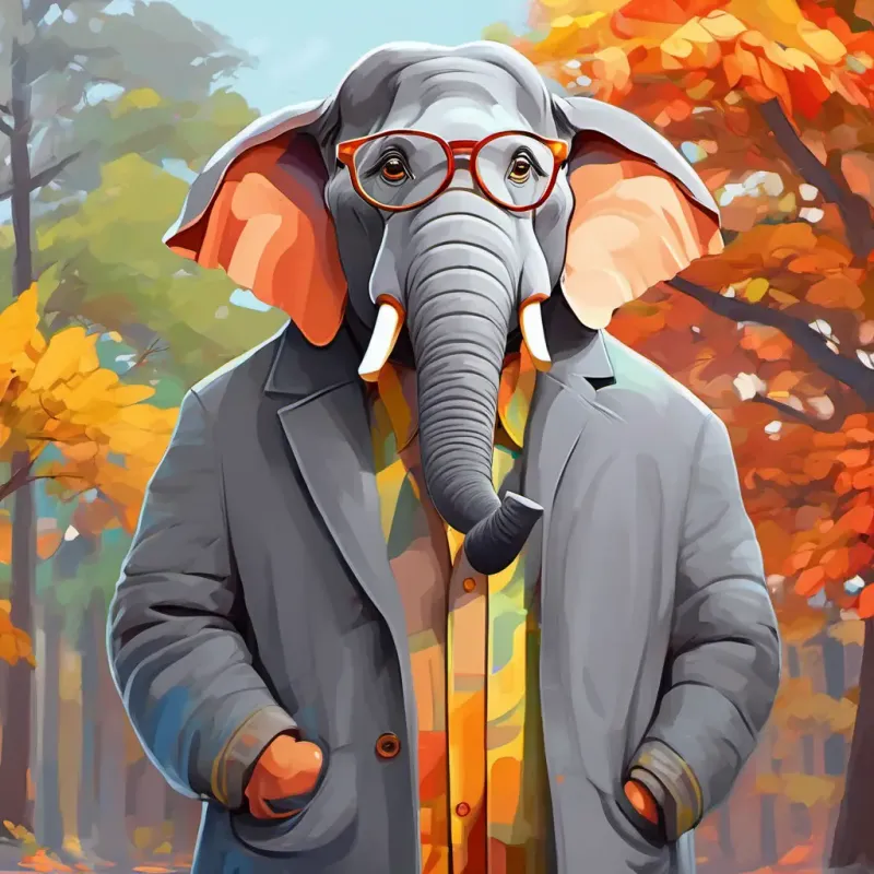 Grey, big elephant with kind eyes Happy in new coat and Smiling man with glasses, colorful clothes, kind face become friends, Smiling man with glasses, colorful clothes, kind face making new clothes for Grey, big elephant with kind eyes Happy in new coat every year.