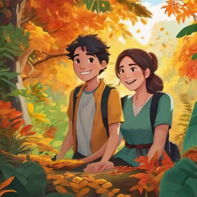 Happy ending, both friends smiling and full of love, peaceful jungle backdrop.