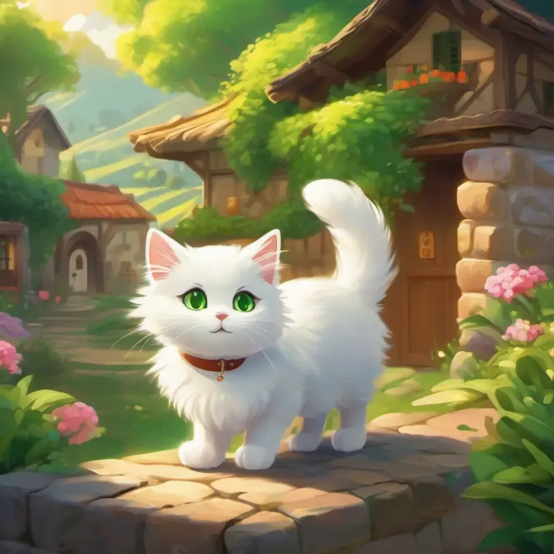 Introduction - cozy village, cute cat named Fluffy white cat, bright green eyes, playful setting