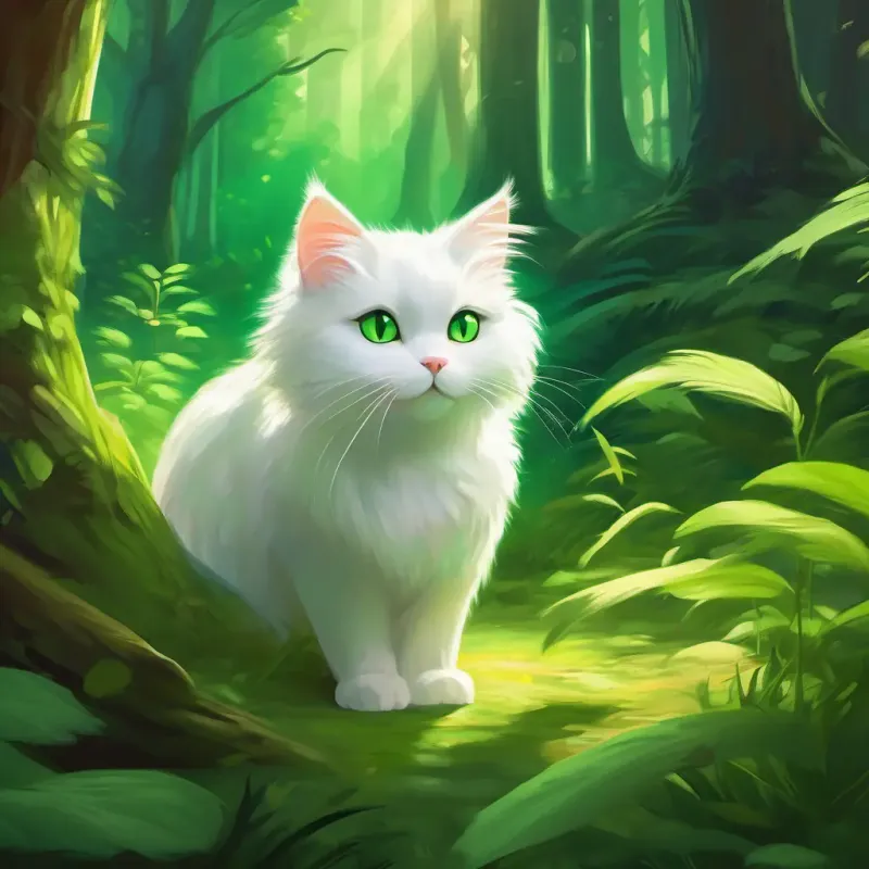 Fluffy white cat, bright green eyes decides to explore enchanted forest, setting off on an adventure