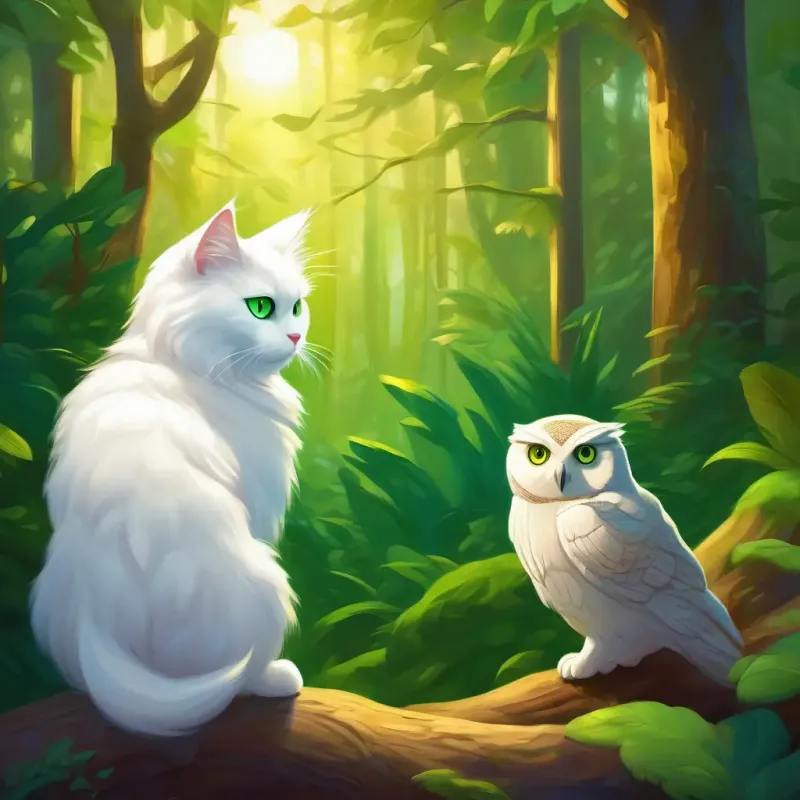 Fluffy white cat, bright green eyes meets wise owl, learns about hidden treasure, mysterious forest setting