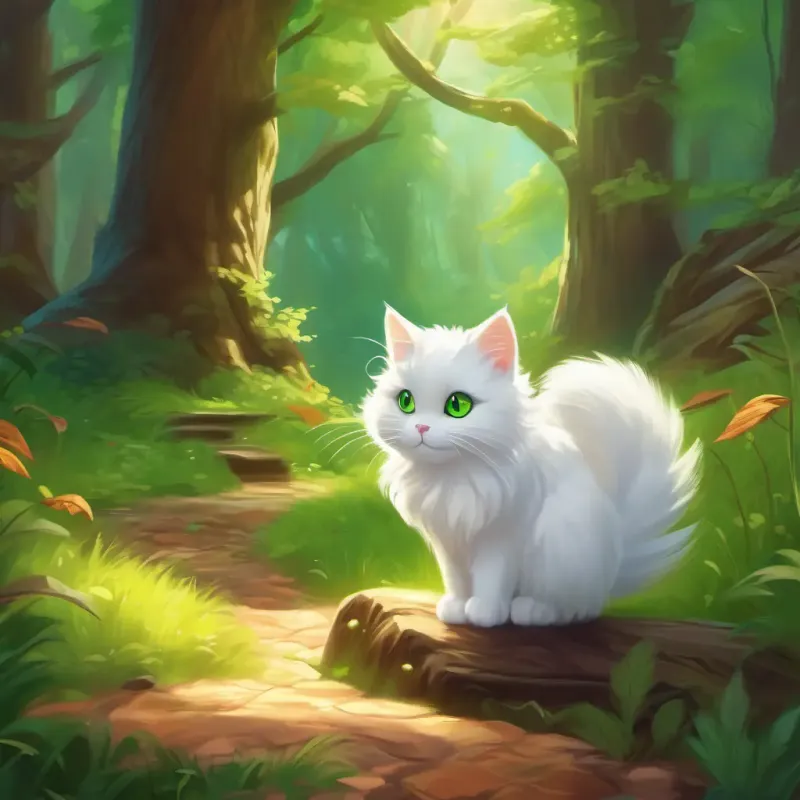 Fluffy white cat, bright green eyes sets off to find treasure, encounters mischievous squirrels, playful forest setting