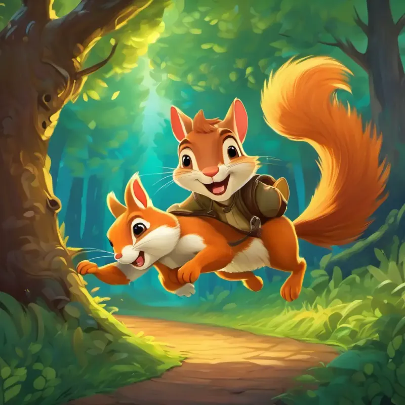 Mischievous chase with squirrels, treasure hidden in old tree, exciting forest setting