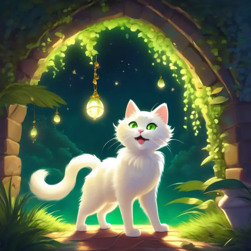 Fluffy white cat, bright green eyes finds treasure, makes new friends, joyful dance under the moonlight