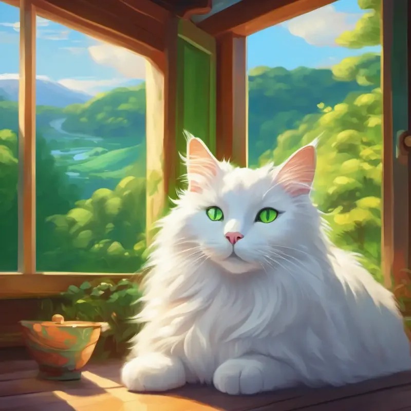 Fluffy white cat, bright green eyes returns home, dreams of more adventures, happy ending