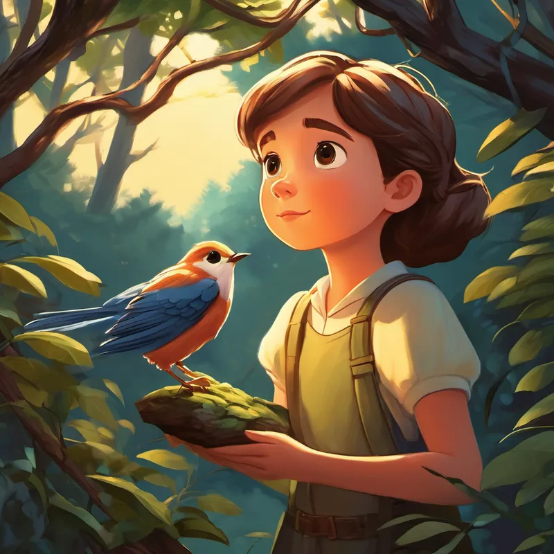 Just as Emma's fear threatened to take hold, a soft glow emanated from behind a nearby bush. Curiosity guiding her, Emma followed the light and discovered an injured bird, its wing caught on a thorny branch. Deep within her heart, Emma felt a way to conquer her fear. Without hesitation, Emma gently freed the bird from its plight. A bond formed instantly between them, filling Emma's heart with courage and warmth. In return for her kindness, the bird led her towards a path that would lead her out of the tangled forest.