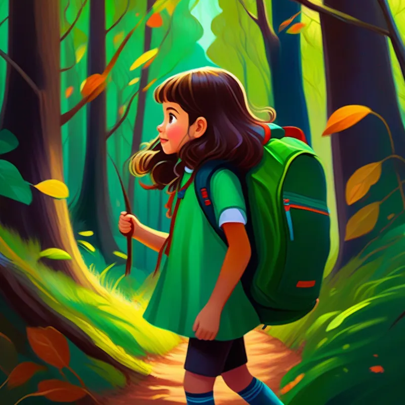 Niña aventurera de cabello castaño con una mochila, colores vivos y sus amigos explorando el bosque, colores verdes y vibrantes
