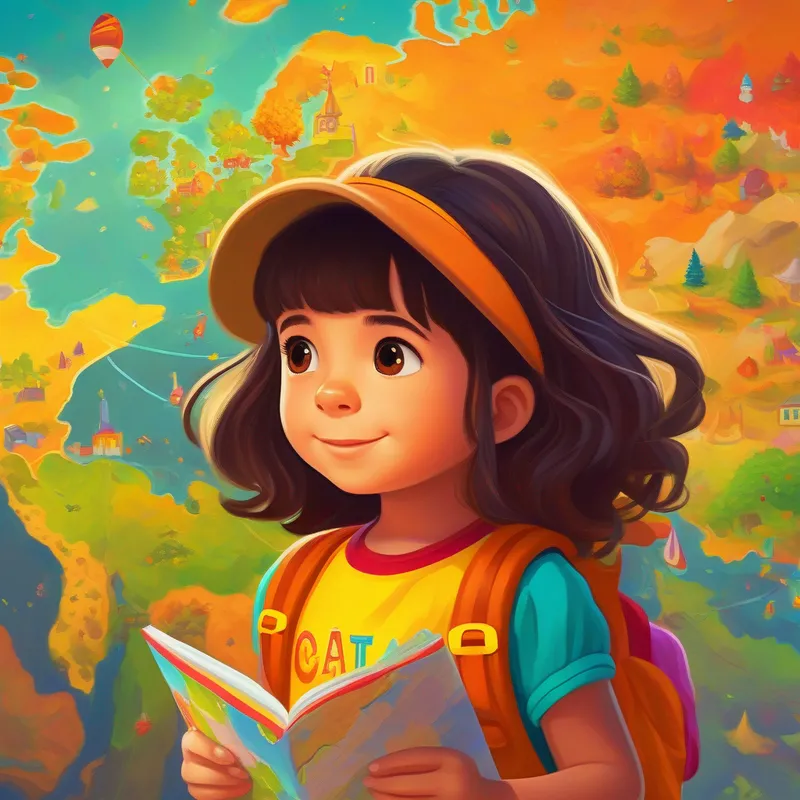 Niña aventurera de cabello castaño con una mochila, colores vivos sosteniendo el mapa, mirada emocionada y colores amarillos