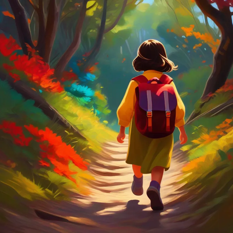 Niña aventurera de cabello castaño con una mochila, colores vivos y sus amigos caminando por un sendero misterioso, colores marrones y rojos