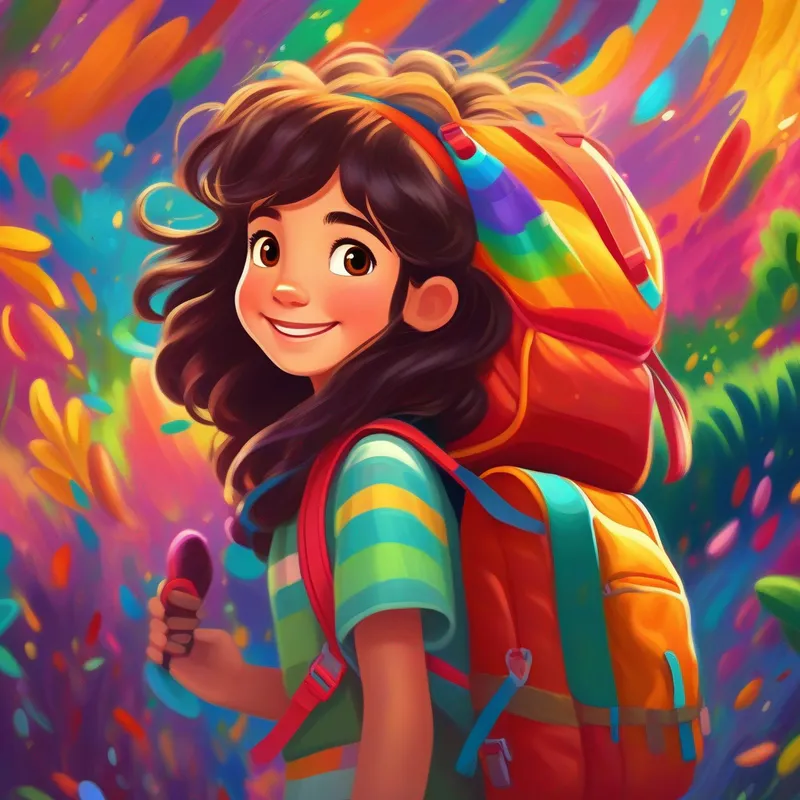 Niña aventurera de cabello castaño con una mochila, colores vivos sonriente, abrazando a la criatura y a sus amigos, colores brillantes y felices