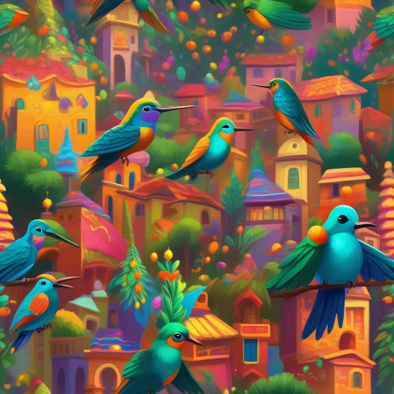 El pueblo de Colibrí festejando, colores festivos y brillantes