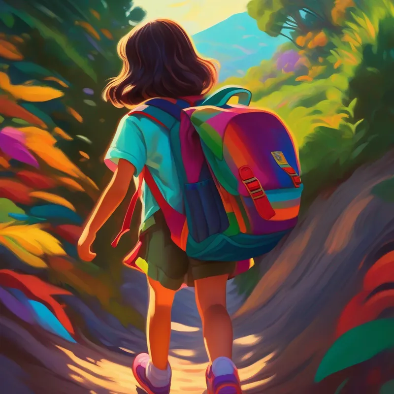 Niña aventurera de cabello castaño con una mochila, colores vivos sonriente y mirando al horizonte, colores cálidos y serenos