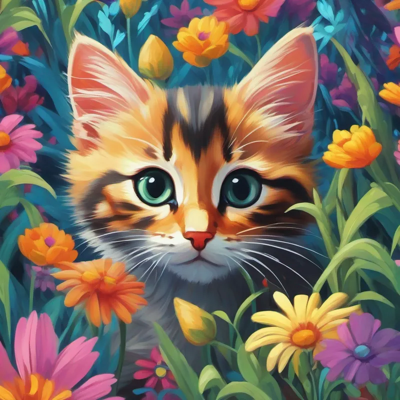 Kitten hiding behind colorful flowers