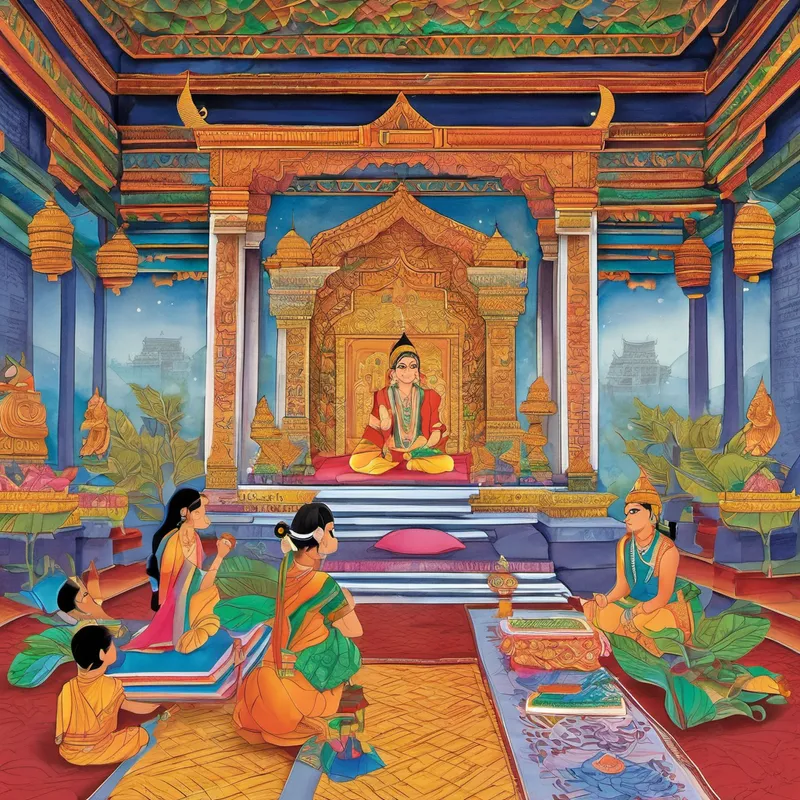 Arjun's eyes sparkled with joy. He nodded and thanked his grandmother. That night, he could hardly sleep, thinking about the adventure that awaited him at the temple the next day. The following morning, Arjun woke up early, full of enthusiasm. He put on his best clothes, combed his hair neatly, and set off towards the temple. As he stepped inside the temple, he marveled at the beautiful statues and paintings depicting scenes from the Ramayana.