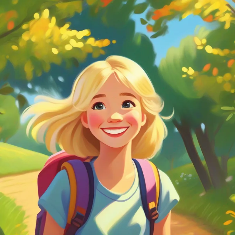 Amelia with blonde hair, colorful backpack, and friendly smile smiling, blonde hair, sunny countryside